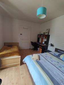 1 dormitorio con cama y escritorio. en Chambre chez l'habitant passiflore une, deux ou trois personnes, en Derval