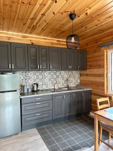 a kitchen with gray cabinets and a wooden ceiling at Rajska Przystań II in Wrony