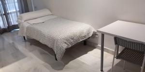 Una cama con una manta y una mesa en una habitación en Hostel Central Sevilla, en Sevilla