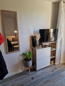 a room with a tv and a dresser with a mirror at Duplex dans maison de village in Cagnes-sur-Mer