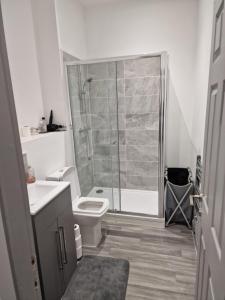 een badkamer met een douche, een toilet en een wastafel bij Home away from home in Brierley Hill