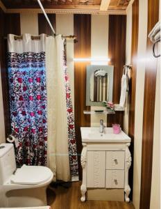 a bathroom with a toilet and a shower curtain at Lakes Crown Group Of Houseboats in Srinagar