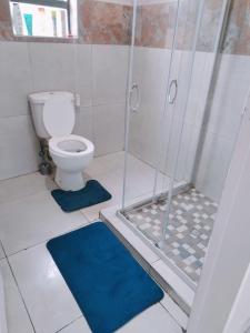 baño con aseo y ducha con alfombras azules en Reutlwane Gardens Apartments en Secunda