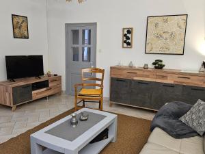 uma sala de estar com um sofá e uma televisão em Les camélias em Selles-sur-Cher