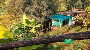 Bamasaba Community Lodge في Mbale: مبنى ازرق صغير وسط غابه