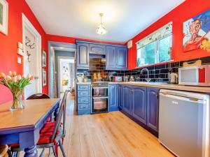 a kitchen with blue cabinets and red walls at Hindscarth Apartment - Uk39610 in Davidstow