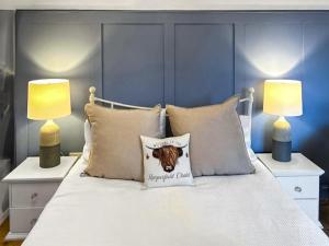 Una cama con dos lámparas y una almohada. en Harperfield Chalet, en Lanark