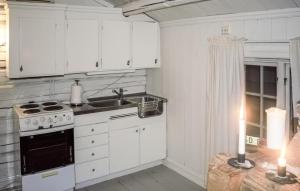 a kitchen with white cabinets and a stove and a sink at Pet Friendly Home In Rros With Kitchen in Røros
