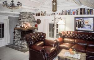 sala de estar con sofá y chimenea de piedra en Pet Friendly Home In Rros With Kitchen en Røros