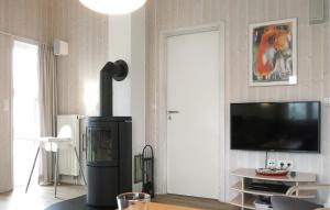 a living room with a fireplace and a tv at Strandpark 21 in Schönhagen