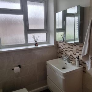 a bathroom with a white sink and two windows at 1 BED FLAT PARKING WIFI BUSINESS in London