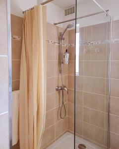 a bathroom with a shower with a glass door at Appartement chez Eline in Les Angles Gard