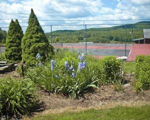 a garden with purple flowers and trees on a tennis court at Endless Mountain Resort in Union Dale