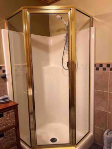 a shower with a glass door in a bathroom at The Lovemore Inn~Hot Tub~Cheerful Carriage Home in Delta