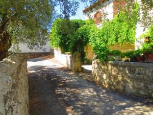 eine Gasse mit einer Steinmauer, Bäumen und einem Gebäude in der Unterkunft Villa Luce in Modica