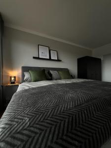 a bedroom with a large bed with green pillows at Black Forest Home in Schönwald