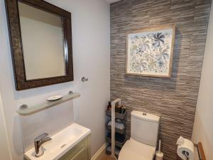 a bathroom with a toilet and a sink and a mirror at Rose Cottage in Matlock +35 photos