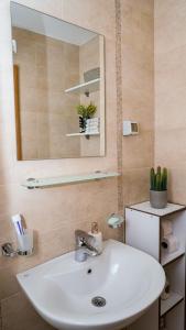 een badkamer met een witte wastafel en een spiegel bij Studio33 in Konik