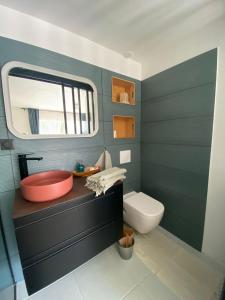 baño con lavabo rojo y aseo en COSY ROOM PRIVATE BATH AND GARDEN, en Anglet