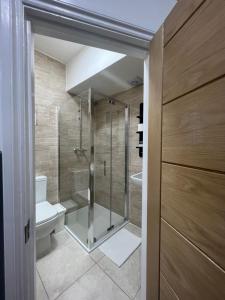 a bathroom with a glass shower and a toilet at Plaza London Hotel in London
