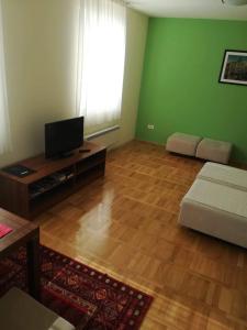 ein Wohnzimmer mit grünen Wänden und einem Flachbild-TV in der Unterkunft Apartments Bohemia - Center in Zlatibor