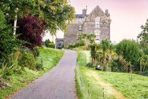 uma velha casa de pedra com uma estrada em frente em Ballea Castle em Cork