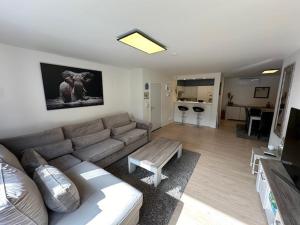 a living room with a couch and a table at Appartement Anthony in Blankenberge +7 photos