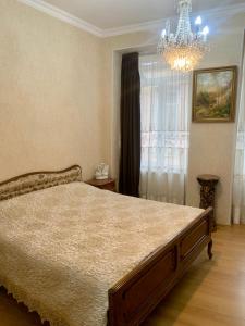 ein Schlafzimmer mit einem großen Bett und einem Kronleuchter in der Unterkunft Best Location Renovated Home in Tbilisi City