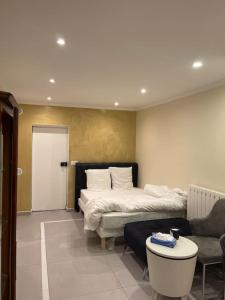 1 dormitorio con cama, sofá y mesa en Appartement 3 pièces, en Épinay-sur-Seine