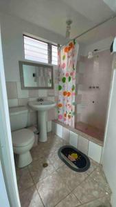 uma casa de banho com um WC, um lavatório e um chuveiro em Departamento amplio céntrico em Huaraz
