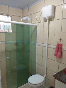 ein Bad mit einer Dusche und einem WC in der Unterkunft Casa próxima ao shopping Lages e a festa do pinhão in Lages