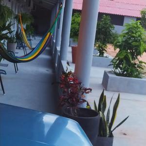 a porch with a hammock and potted plants at Pousada Venture Jalapao in São Félix do Tocantins