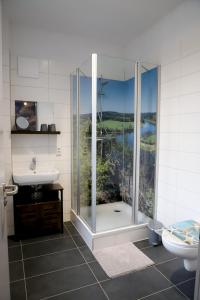 a bathroom with a shower and a sink and a toilet at Conny's Träumerei in Bad Lobenstein