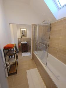 uma casa de banho com um chuveiro e um lavatório. em Gerritz+Gäste em Meerbusch