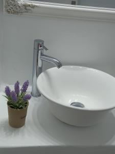 um lavatório branco da casa de banho com um vaso de plantas ao lado em Blue Waves home Mykonos em Kalo Livadi