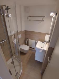 uma casa de banho com um chuveiro, um WC e um lavatório. em Gerritz+Gäste em Meerbusch