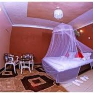 a bedroom with a bed with a canopy and two chairs at Royal Lake View Hotel in Kampala