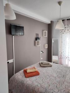 Piso Vinaros في فيناروس: غرفة نوم مع سرير وتلفزيون على الحائط