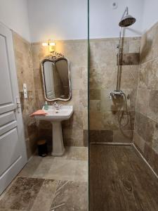 a bathroom with a sink and a shower at La Perchonniere in Mamers