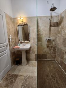 a bathroom with a sink and a shower at La Perchonniere in Mamers +39 photos
