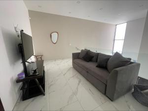 a living room with a gray couch and a mirror at Casa Santacruz in Ensenada