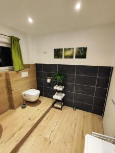 a bathroom with a toilet and a plant in it at Alex´s Ferienwohnung in Altaussee +21 photos