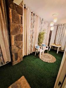 格蘭貝伊的住宿－Grand Baie Holiday Apartment，一间客厅,配有绿色地毯和石墙