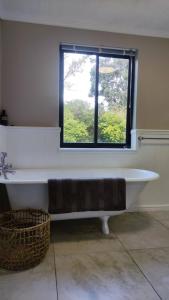 a bath tub in a bathroom with a window at Blissful Country Garden Self-Catering Cottage in Grabouw