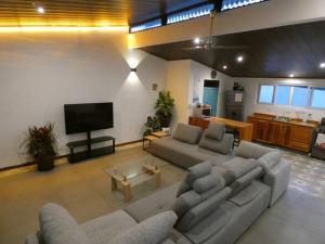 a living room with couches and a flat screen tv at Lilu Loft Turrialba in Turrialba