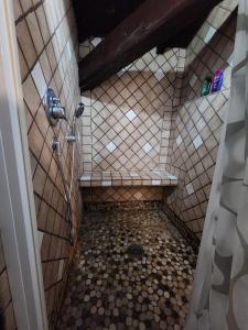 Łazienka z prysznicem i podłogą wyłożoną kafelkami w obiekcie La Storica Villetta w Rzymie