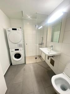 een badkamer met een wasmachine en een wastafel bij MydiHei @ Rhyfall Towers in Neuhausen am Rheinfall