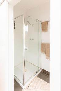 eine Glasdusche im Bad mit einem Teppich in der Unterkunft Falmouth Cottage - Dog Friendly Beachside Getaway 2,5 Acres in Falmouth + 32 Fotos