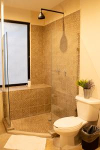 uma casa de banho com um WC e uma cabina de duche em vidro. em Casa Kuxul em Mérida