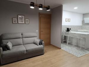 ein Wohnzimmer mit einem Sofa und einer Küche in der Unterkunft Casa fredi in Cangas de Onís